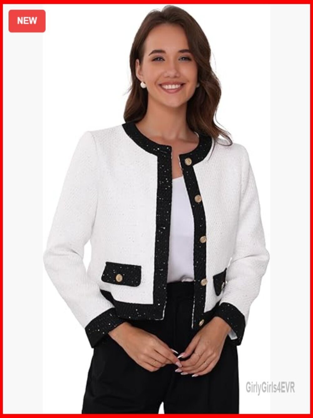 Sequined Tweed Blazer Collarless Button Up Office Casual Short Jacket